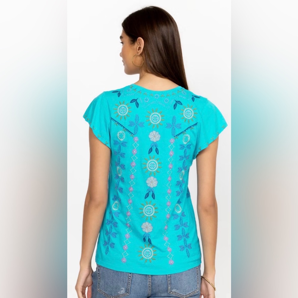 Johnny Was Oriel Flutter Sleeve Tee Embroidered Bohemian - Medium - EUC - Picture 4 of 12